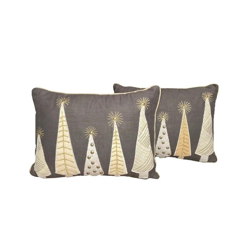 Pier One Christmas Trees Pillows 16x12 Applique Embroidered Lumbar Set Of 2
